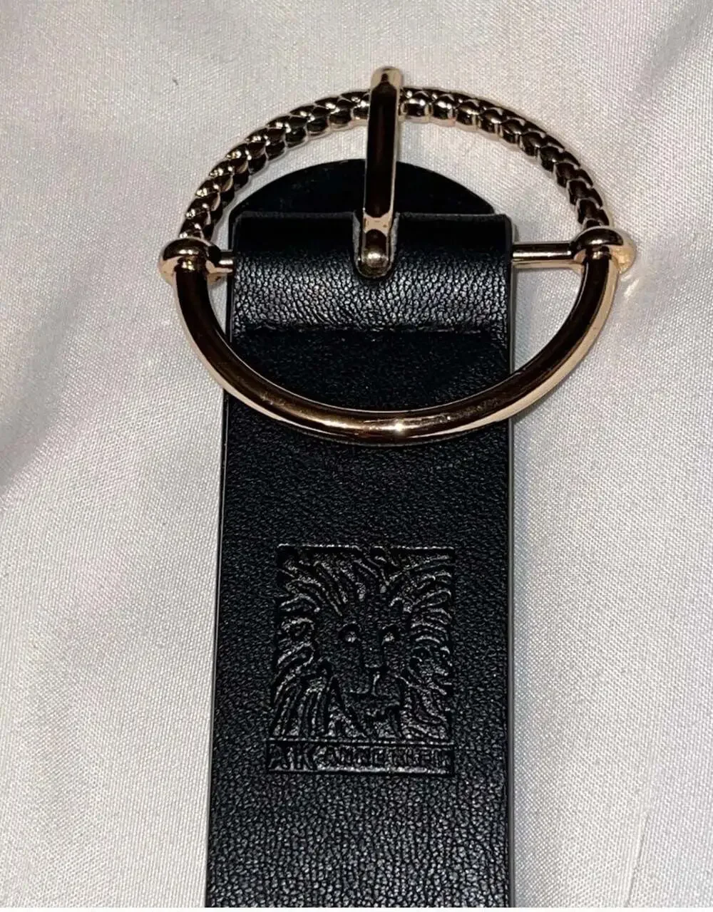 Anne Klein Black Leather Belt with Gold-Tone Textured Ring Buckle